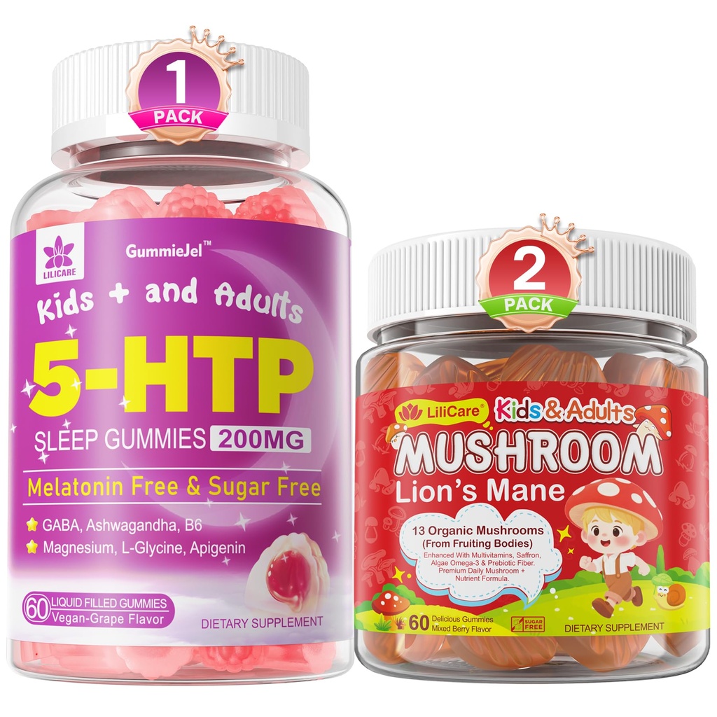LILICARE Bundle: Mushroom Lions Mane + Saffron + Algae Omega-3 Gummies + 5HTP Gummies for Kids & Adults