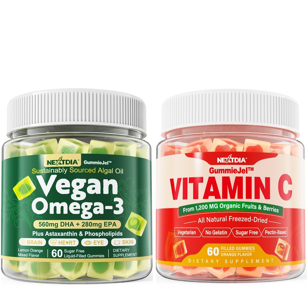 Nextdia Vegan Omega 3 Gummies + Ολόκληρα τρόφιμα Βιταμίνη C Gummies για ενήλικες & παιδιά
