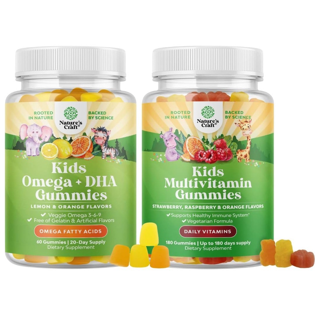 Παίδων DHA Omega 3 Gummies - Λιπαρά Οξέα Ωμέγα 3 6 9 για τον εγκέφαλο, την ανοσοενίσχυση & την όραση και το φυτό με βάση τα παιδιά πολυβιταμίνες Gummies με βιταμίνες A C D3 E B και ψευδάργυρο για την υποστήριξη της ασυλίας