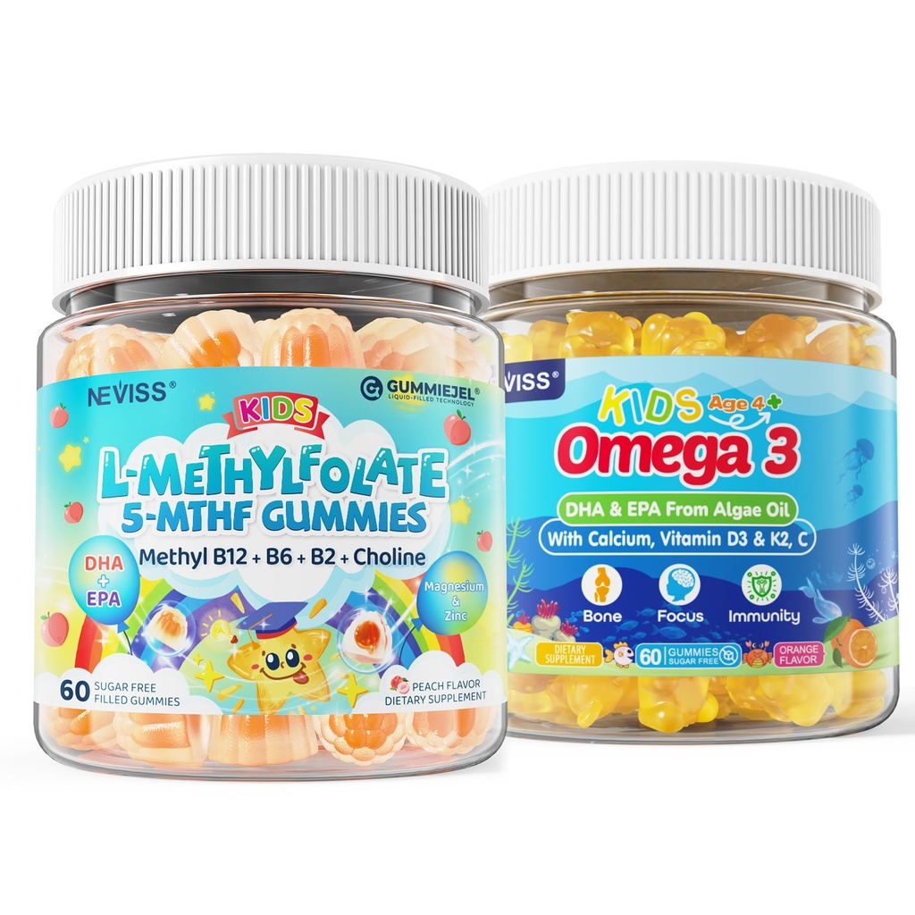 Παιδιά L-Methylfolate Gummies, Active 5-MTHF + Methyl B12, Vitamin B6, B2, Choline, Vegan Omega 3 DHA & EPA + Kids Omega 3 Gummies + Calcium 400mg + Vitamin D3 K2 + C, Omega-3 DHA & EPA Συμπλήρωμα