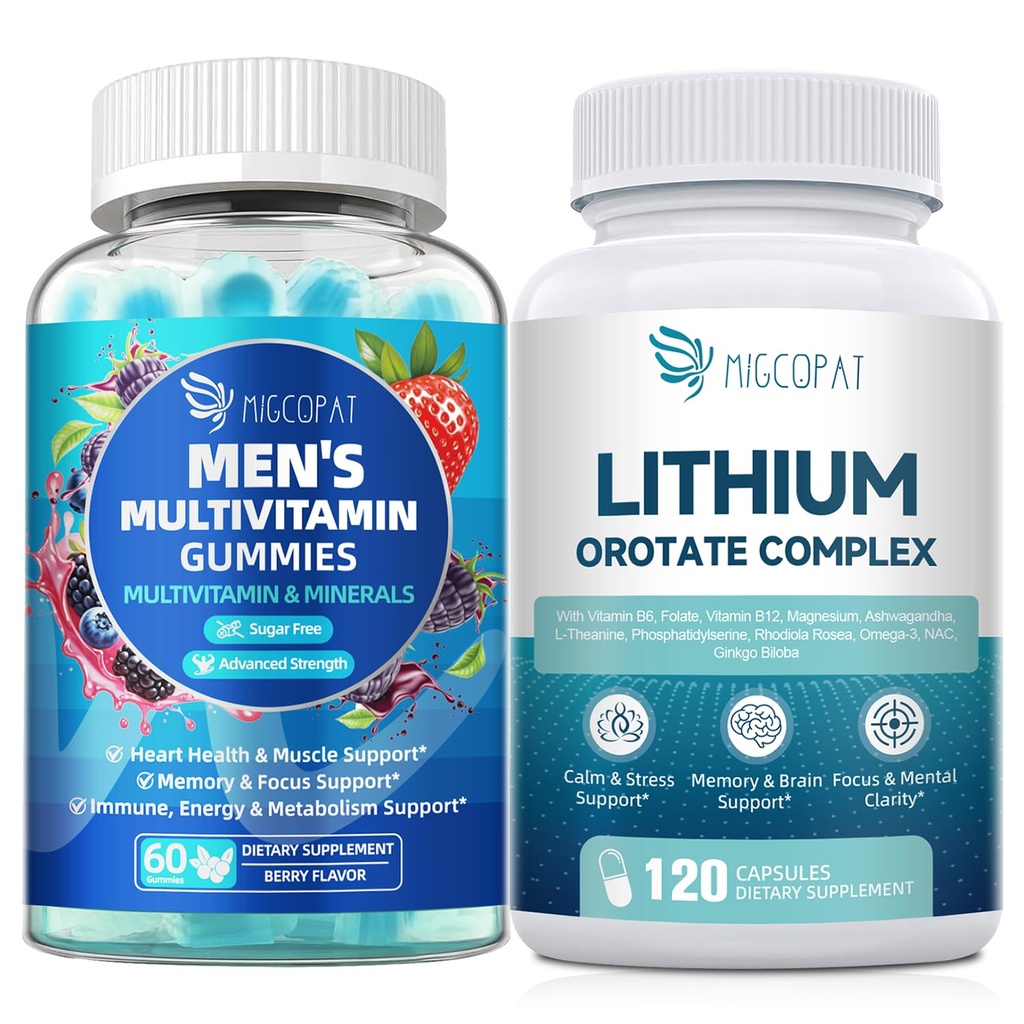 Migcopat Men’s Multivitamin Gummies & Lithium Orotate Complex Bundle, Omega-3, Magnesium