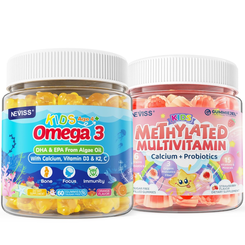 Kids Methylated Multivitamin Gummies with Calcium, Probiotics + Omega 3 Gummies with Vitamin D3 & K2, C, DHA