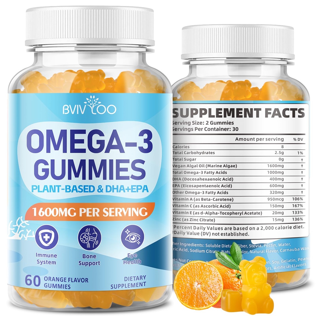 Vegan Omega-3 Gummies - 1600mg με 600mg EPA & 400mg DHA. Φόρμουλα υψηλής απορρόφησης. Νόστιμο Πορτοκαλί Γεύση - 60 Gummies