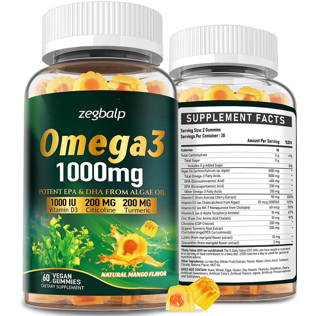 Ωμέγα-3 συμπλήρωμα Gummies για γυναίκες & άνδρες - 1000mg Vegan Omega3 DHA & EPA με κουρκουμά, βιταμίνη D3, K2, κιτολίνη για τη συνολική υγεία - Algae Oil Omega 3 συμπληρώματα λιπαρών οξέων, ζάχαρη-ελεύθερο