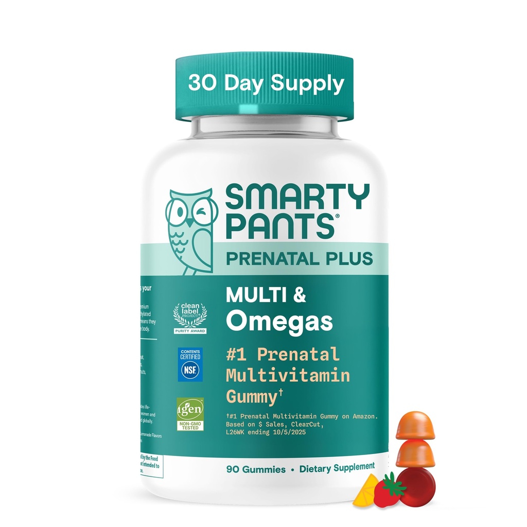SmartyPants Προγεννητικές πολυβιταμίνες με Omega 3 DHA/EPA, μεθυλοφολικό, Βιοτίνη, Βιταμίνες D3, C, B12, B6, A, K, και ψευδάργυρο, Χωρίς γλουτένη, Καθαρή ετικέτα, Δύο Γεύσεις Φρούτων, 90 Gummies (30 Ημέρα προσφοράς)