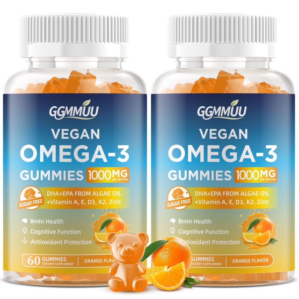 2 Πακέτο Vegan Omega 3 Gummies 1000MG Algal Oil Omega 3 συμπλήρωμα για ενήλικες με Algae DHA 600mg & EPA 300mg Fish Oil Εναλλακτική - για την οφθαλμική & ανοσοποιητική υγεία, Πορτοκαλί Γεύση, 120 Count