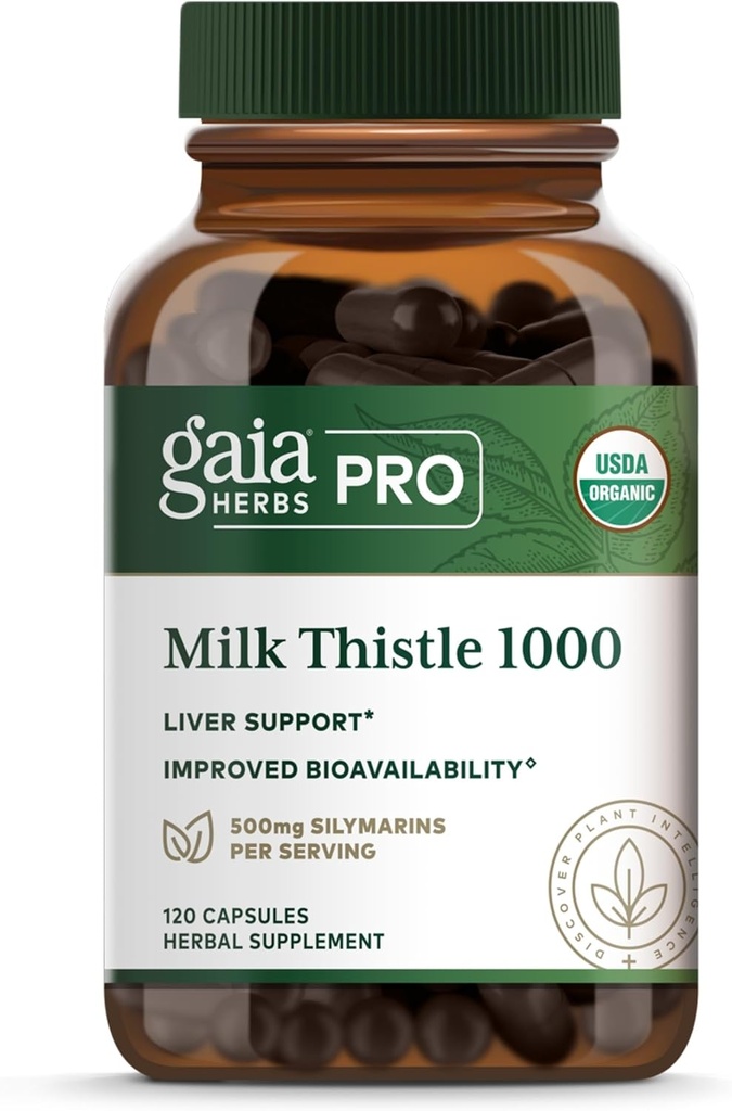 Gaia Herbs Pro Milk Thistle 1000 - Συμπλήρωμα στήριξης για την υγεία του ήπατος * - Συμπλήρωμα για την υγεία των κυττάρων του ήπατος * με Silactive Milk Thistle εκχύλισμα φρούτων - 120 κάψουλες (30 σερβιέτες)