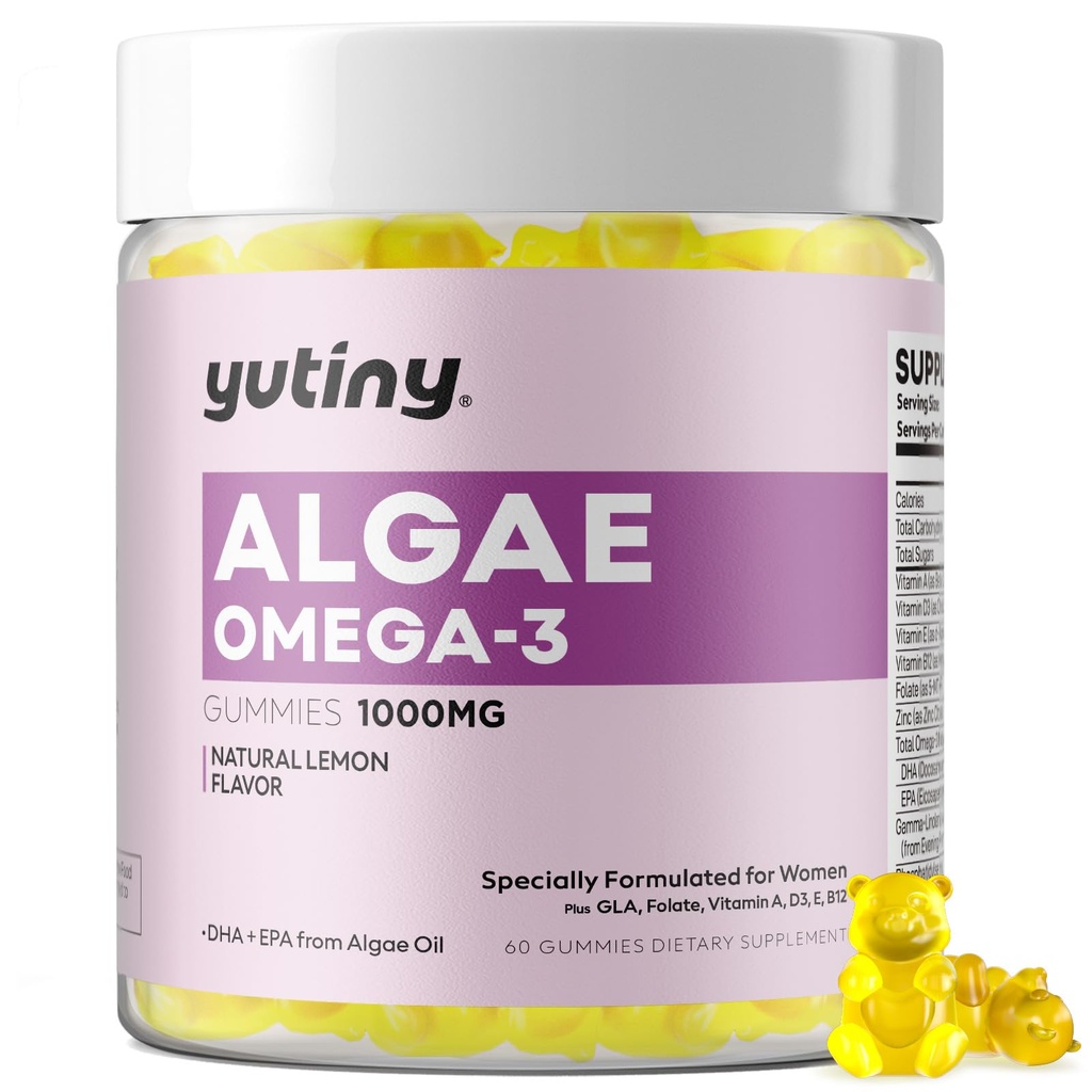 Vegan Omega 3 Gummies for Women, Algae Omega 3 1000mg Supplement with DHA, EPA, GLA, Vitamin A, E, B12, Folate, Skin & Brain Health, Sugar Free, 60 Count