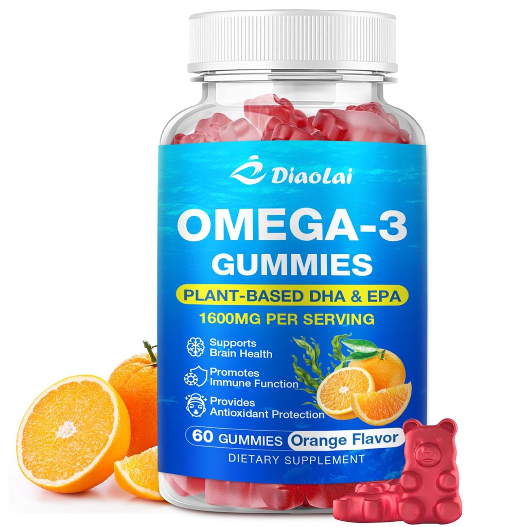 Vegan Omega-3 Gummies για ενήλικες – Χωρίς ζάχαρη, Algae με βάση DHA 600mg & EPA 300mg, με Βιταμίνες A, C, E, Ψευδάργυρος – Ωμέγα 3 Fish Oil Εναλλακτική, 60 Count