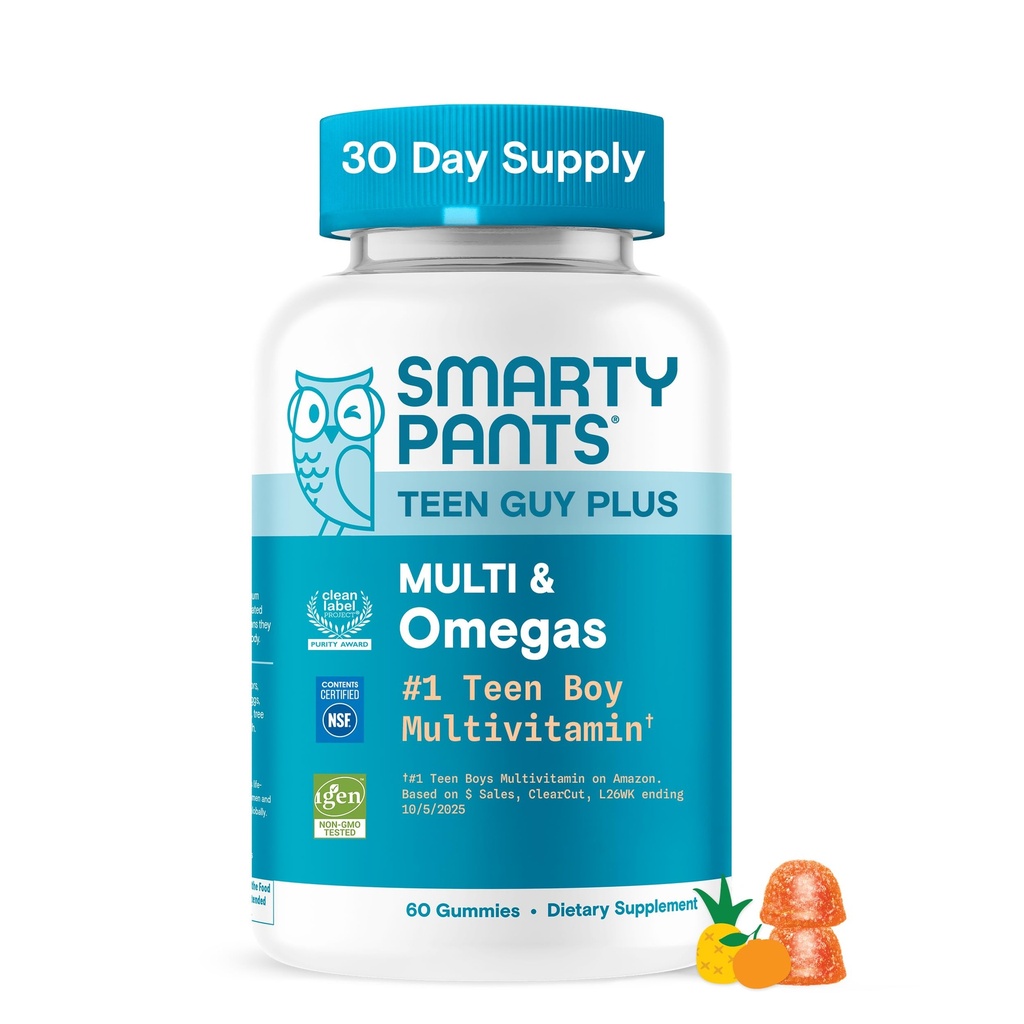 SmartyPants Teen Guy Plus Multi & Omegas Multivitamin Gummies με Omega 3 DHA/EPA, Βιταμίνες D3, C, B12, B6, A, K, Ψευδάργυρος, Folate, Χωρίς γλουτένη, Καθαρή ετικέτα, Ανανάς Πορτοκάλι, 60 Gummies (30 Day Supply)