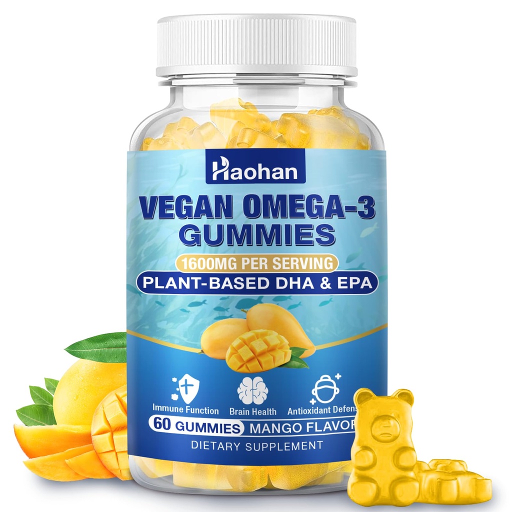 Ωμέγα-3 Gummies για ενήλικες, Πορτοκαλί Γεύση – Χωρίς ζάχαρη, Άλγα-Derived DHA 600mg & EPA 300mg, με Βιταμίνες A, C, E, Ψευδάργυρος, 60 Gummies