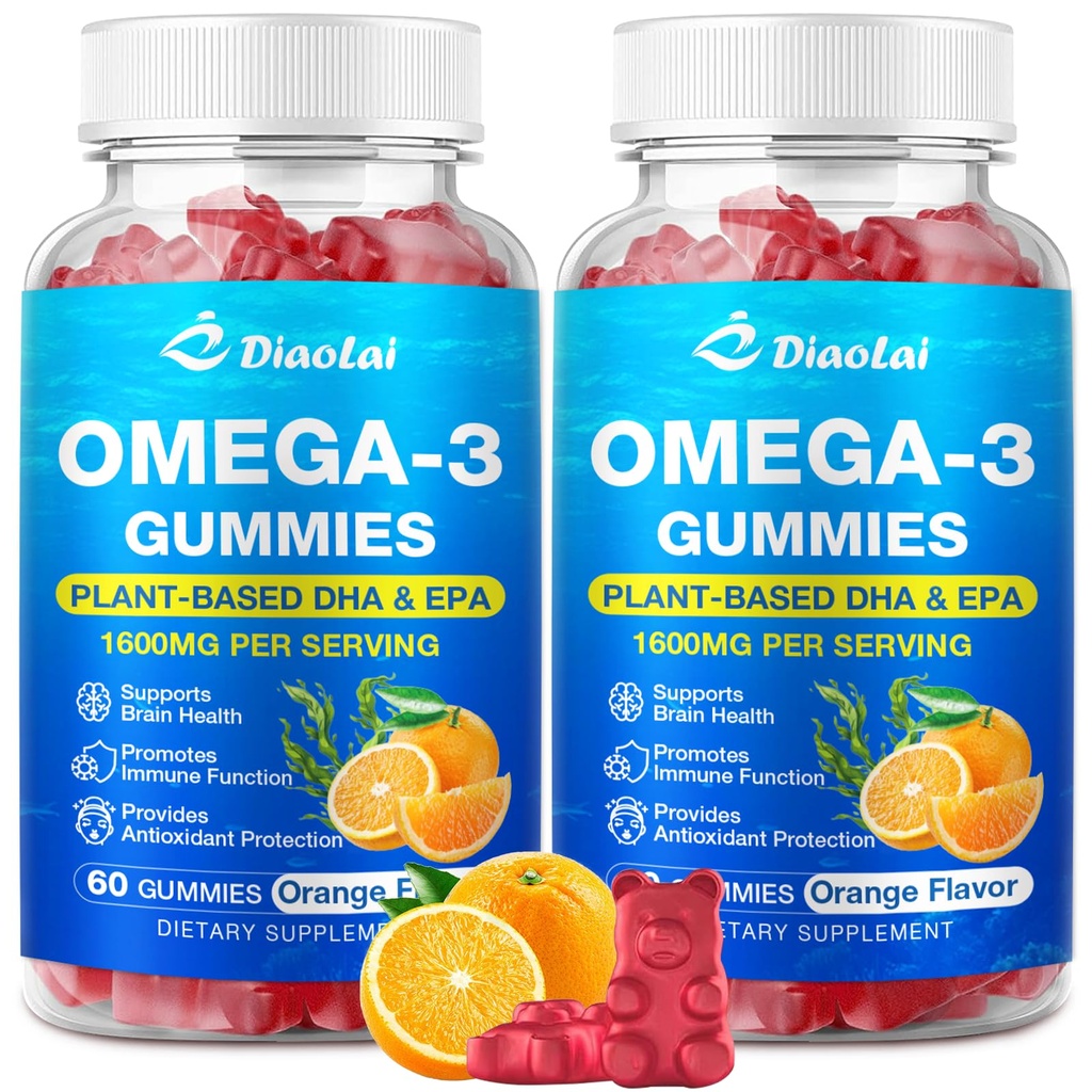 2 Συσκευασία Vegan Omega-3 Gummies για ενήλικες – Χωρίς ζάχαρη, Algae με βάση DHA 600mg & EPA 300mg, με Βιταμίνες A, C, E, Ψευδάργυρος – Ωμέγα 3 Fish Oil Εναλλακτική, 120 Count