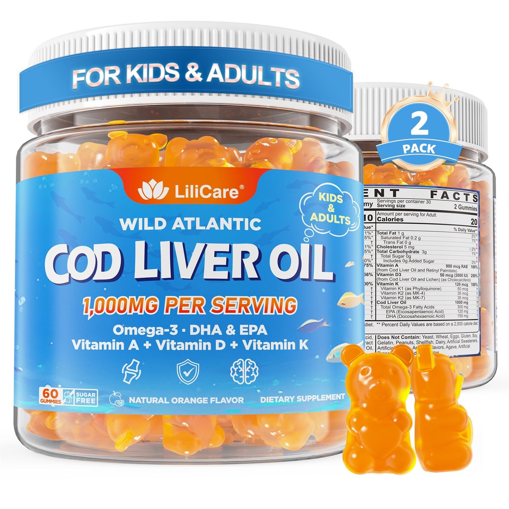 God Liver Oil Gummies 1000mg για Παιδιά και Ενήλικες - w/Omega 3 (EPA & DHA), Βιταμίνες Α, D3 & K2 - God Liver Oil Omega 3 Gummies για Ανοσοποιητική, Εγκεφαλική & Γνωστική Υποστήριξη, SugarFree, Πορτοκαλί Γεύση, 120Cts