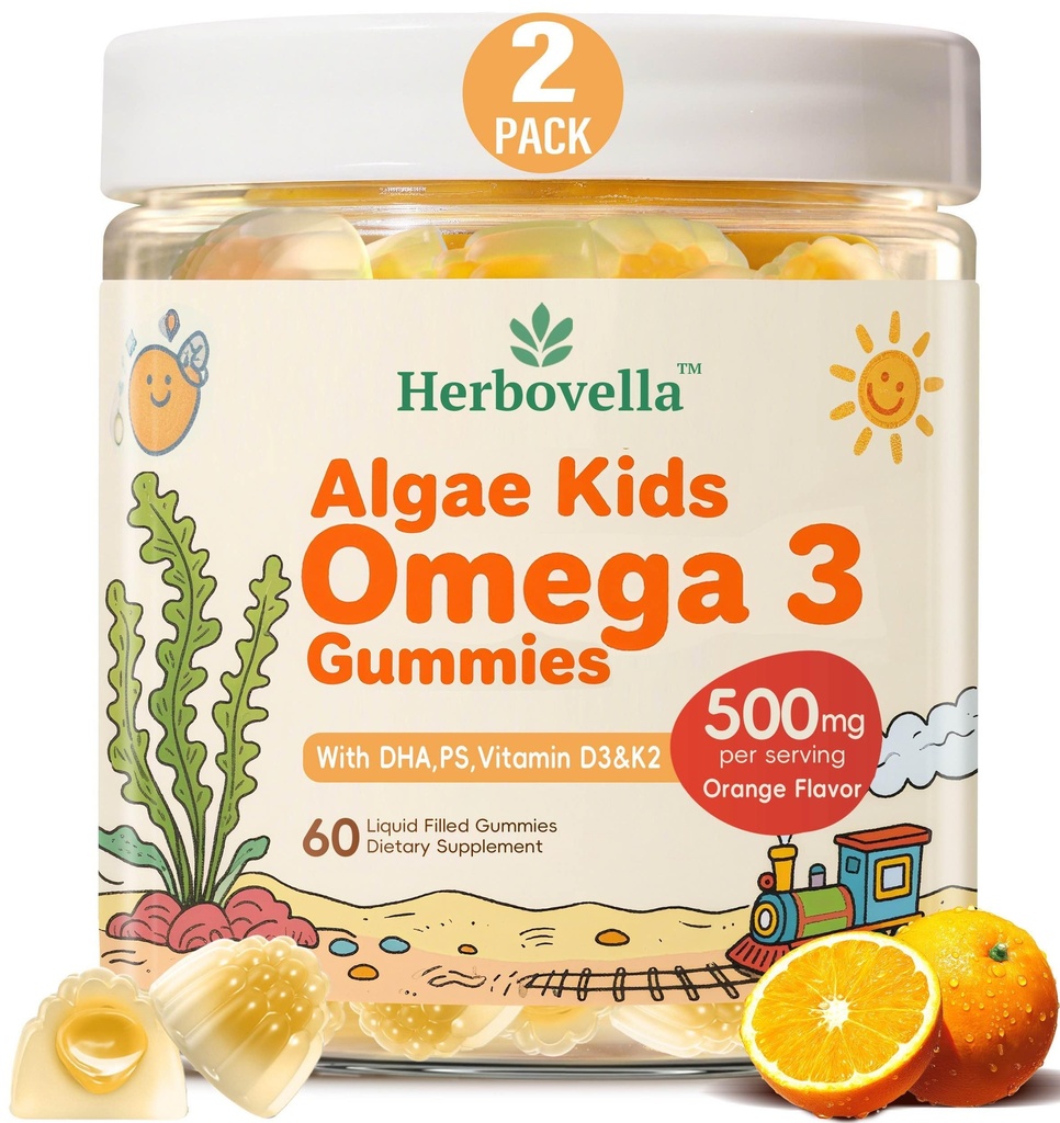 Kids Omega 3 Gummies 2 Pack, Vegan Algae DHA 420mg with PS, Vitamin D3 K2, Sugar Free, No Fish Oil, Brain & Focus Support for Kids, 120 Gummies