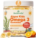 Kids Omega 3 Gummies 2 Pack, Vegan Algae DHA 420mg with PS, Vitamin D3 K2, Sugar Free, No Fish Oil, Brain & Focus Support for Kids, 120 Gummies