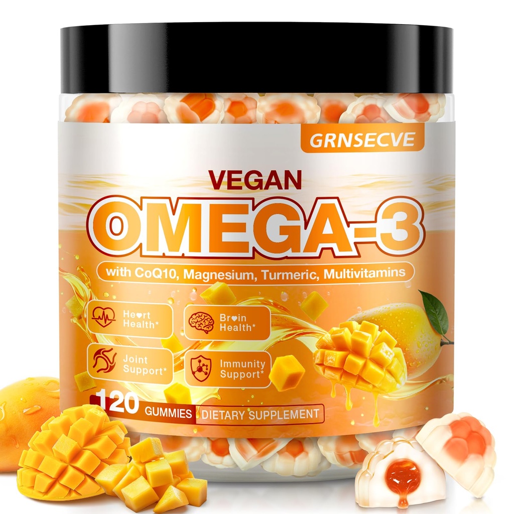 Vegan Omega-3 Gummies - Fish Oil Omega 3 Συμπληρώματα Εναλλακτική για Ενήλικες - Algae DHA 600mg & EPA 400mg, Βιταμίνη D3 K2 - Δεν Fish Taste - για τον εγκέφαλο, μάτι, ανοσοποιητική υποστήριξη - Χωρίς ζάχαρη,120 κόμης