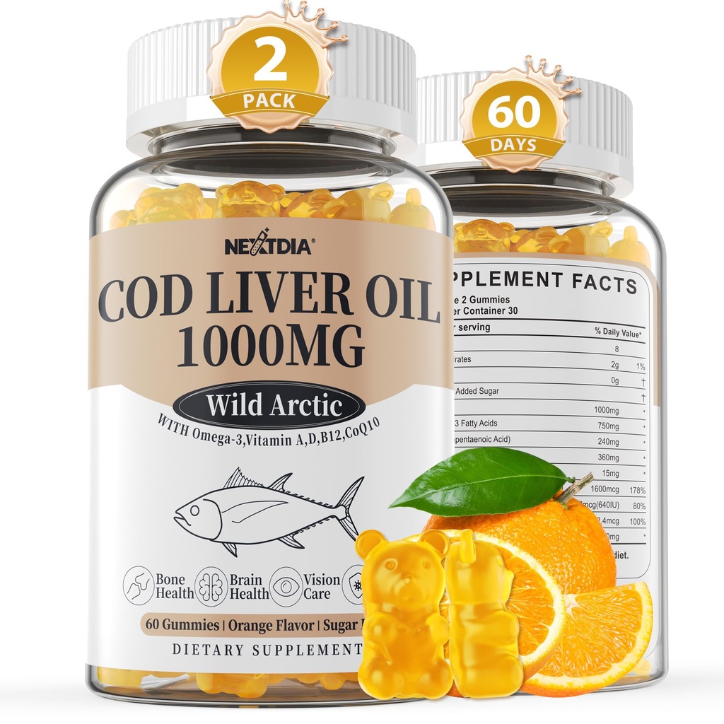 Cod Liver Oil 1000mg Gummies for Adults & Kids, with Vitamin A & D3 - Omega 3 Fish Oil Supplement - DHA 360mg & EPA 240mg for Brain, Bone, Eye & Immune Health, Sugar Free, 120 Count