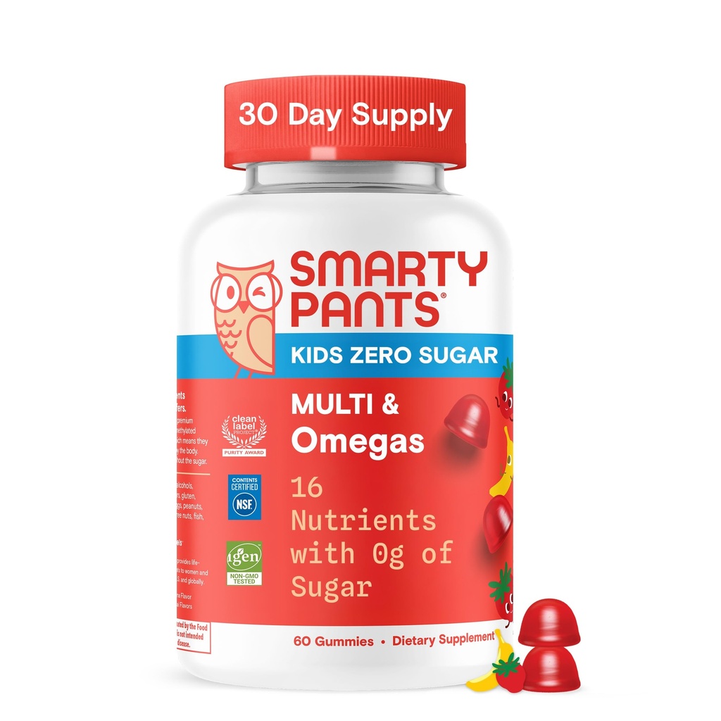 SmartyPants Kids Zero Sugar Multivitamin Gummies: Ωμέγα-3, Βιταμίνες D, C, A, Plant-based, Gluten Free, Φράουλα Μπανάνα Γεύση, 60 Count (30 Day Supply)