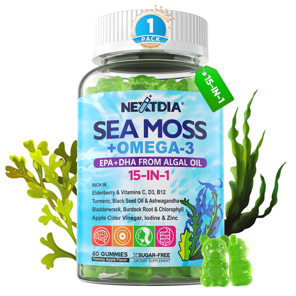 Sea Moss Gummies + Algae Omega-3 για άνδρες γυναίκες, χωρίς ζάχαρη Vegan 15-IN-1 Irish Seamoss Superfood με/EPA DHA, Βιταμίνες B12 D3, Turmeric, Elderberry, Burdock Root, Υποστήριξη Ενέργειας, Εγκέφαλος, Ανοσοποιητικό 1 πακέτο
