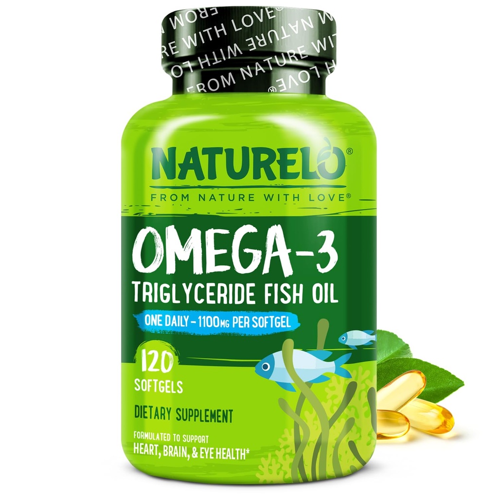 NATURELO Burpless Omega 3 Fish Oil Συμπλήρωμα - 1100mg Τριγλυκερίδια Omega-3, EPA + DHA, Υγρό ιχθυέλαιο για την καρδιά, το μάτι, τον εγκέφαλο, κοινή υγεία - 120 Softgels, 4 μήνες προσφοράς