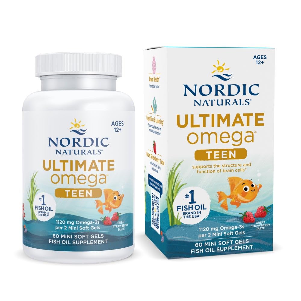 Nordic Naturals Ultimate Omega 2X Teen, Strawberry - 60 Mini Soft Gels - 1120 mg Σύνολο Omega-3s με EPA & DHA - Εγκεφαλική υγεία, θετική διάθεση, κοινωνική ανάπτυξη, μάθηση - Μη ΓΤΟ - 30 Υπηρεσίες