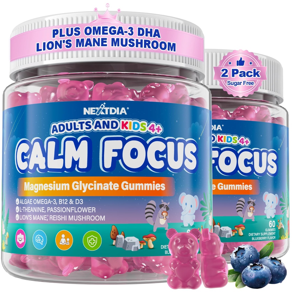 Focus Gummies for Kids & Adults, w/Magnesium Glycinate, Omega-3 DHA, Lion's Mane, L-Theanine, Methyl B12 & Vitamin D3, Υποστήριξη συμπλήρωμα εγκεφάλου Ηρεμία, Ύπνος, Προσοχή, Συγκέντρωση και Μνήμη, 120Cts