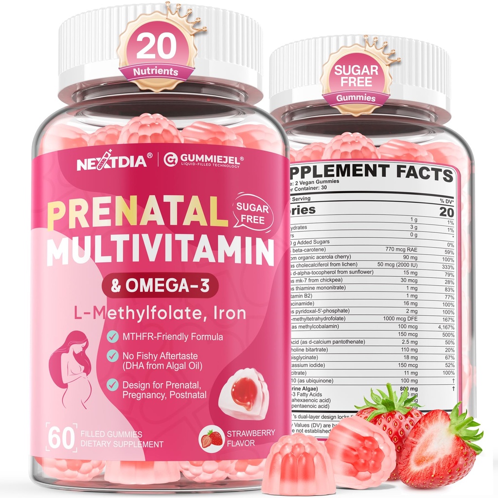 Προγεννητικές βιταμίνες για γυναίκες Gummies, Methylfolate 1mg, Vegan Omega 3 DHA 800mg, Iron, Choline, Iodine, Vitamin D3 B6 B12 - Πολυβιταμίνη για γυναίκες πριν, κατά τη διάρκεια και μετά την εγκυμοσύνη, Χωρίς ζάχαρη, 60 Count