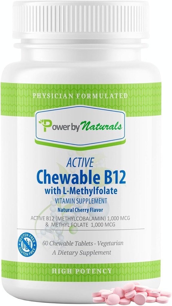 Power By Naturals Ενεργό Μασώμενο μεθυλιωμένο B12 με L- Methyl Folate συμπλήρωμα για γυναίκες & άνδρες, Cherry Flavor, 60 δισκία