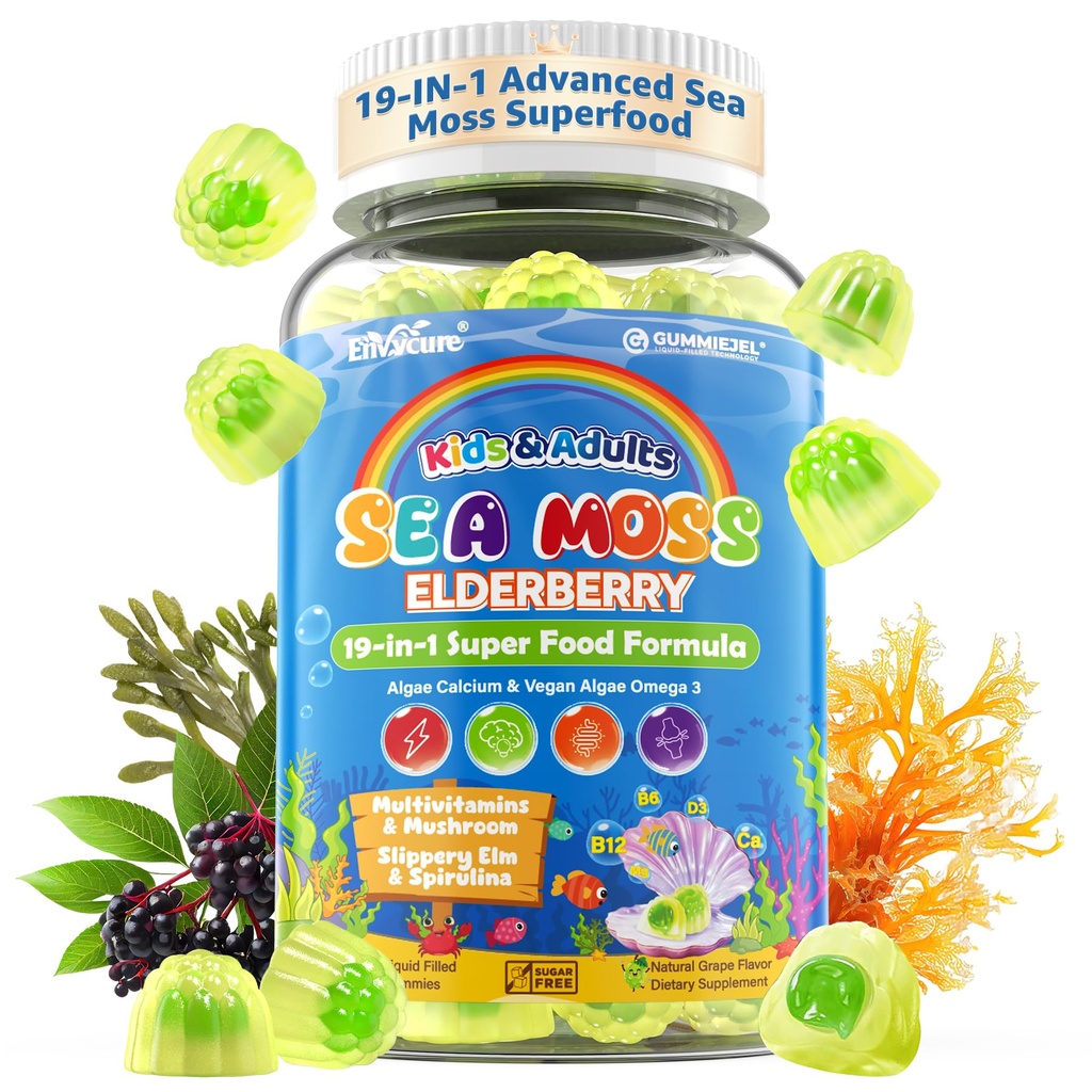 Sea Moss + Gummys Elderberry για παιδιά και ενήλικες, 19-IN-1 Super Food με Spirulina, Algae Omega 3, Algae Calcium, Ashwagandha, Mushroom, Βιταμίνες D3, C για ανοσοποίηση, οστό, ενέργεια, εγκέφαλος, Vegan 60Cts