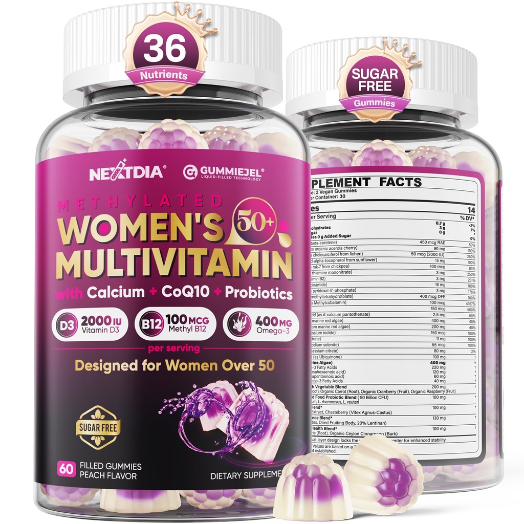 Multivitamin for Women 50 Plus Gummies, Vegan Omega 3, Methylfolate, Calcium, D3 K2, CoQ10, Daily Vitamin A C E, Methylated B12, Biotin, B Complex, Zinc - Bone, Energy, Longevity - Sugar Free, 60Count
