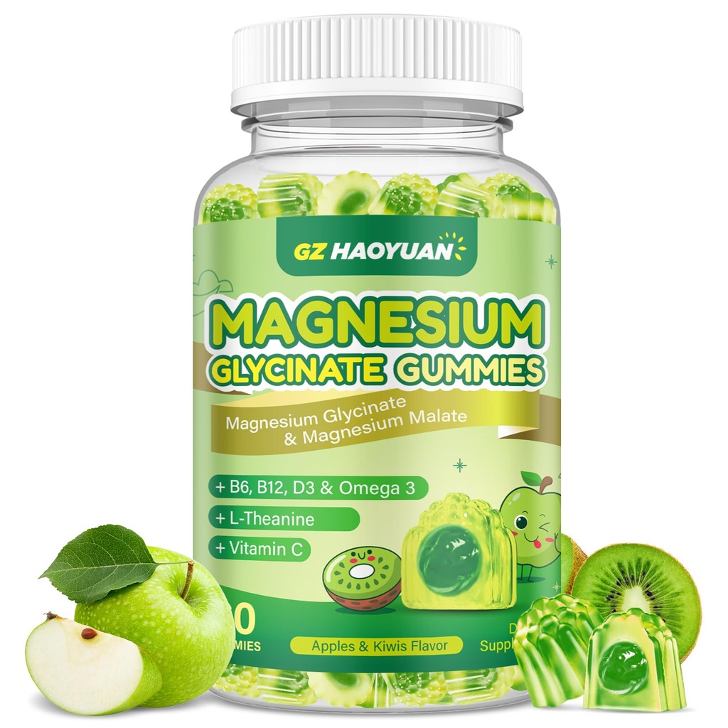 Magnesium Glycinate Gummies for Kids & Adults - Sugar Free Magnesium Malate with L-Theanine, Omega-3, Vitamin D3, B6, B12, C- Sleep, Calm, Relaxation, Brain, Bones, Green Apple & Kiwi，60ct