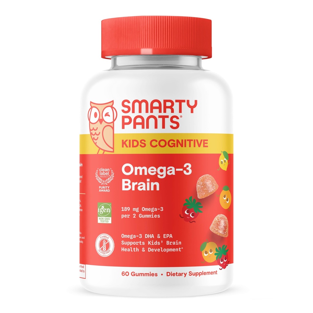 SmartyPants Παιδιά Βιταμίνες Γνωστικές Ωμέγα-3 Εγκεφαλικές Γκάμιες με DHA & EPA, Εσπεριδοειδή Φράουλα, 60 Count (30 Day Supply)