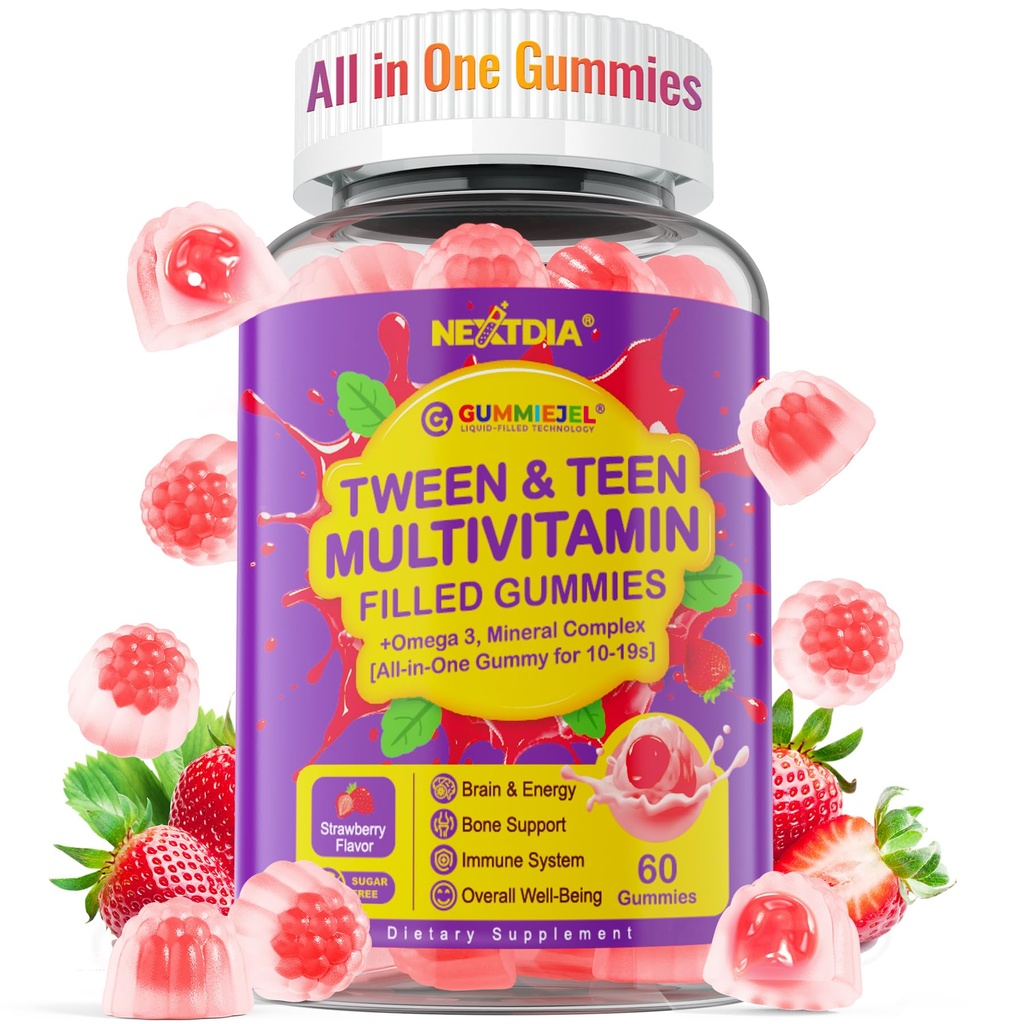 Nextdia Multivitamin Filled Gummies for Teen Boys Girls 12-17, 18, 19, Παιδιά 10+ Multivitamin with Omega 3, Ασβέστιο + Μαγνήσιο + Ψευδάργυρος, Multi-Minerals for Adolescent 10-19S Εγκέφαλος, Οστό, Ενέργεια, Ανοσοποιητικό