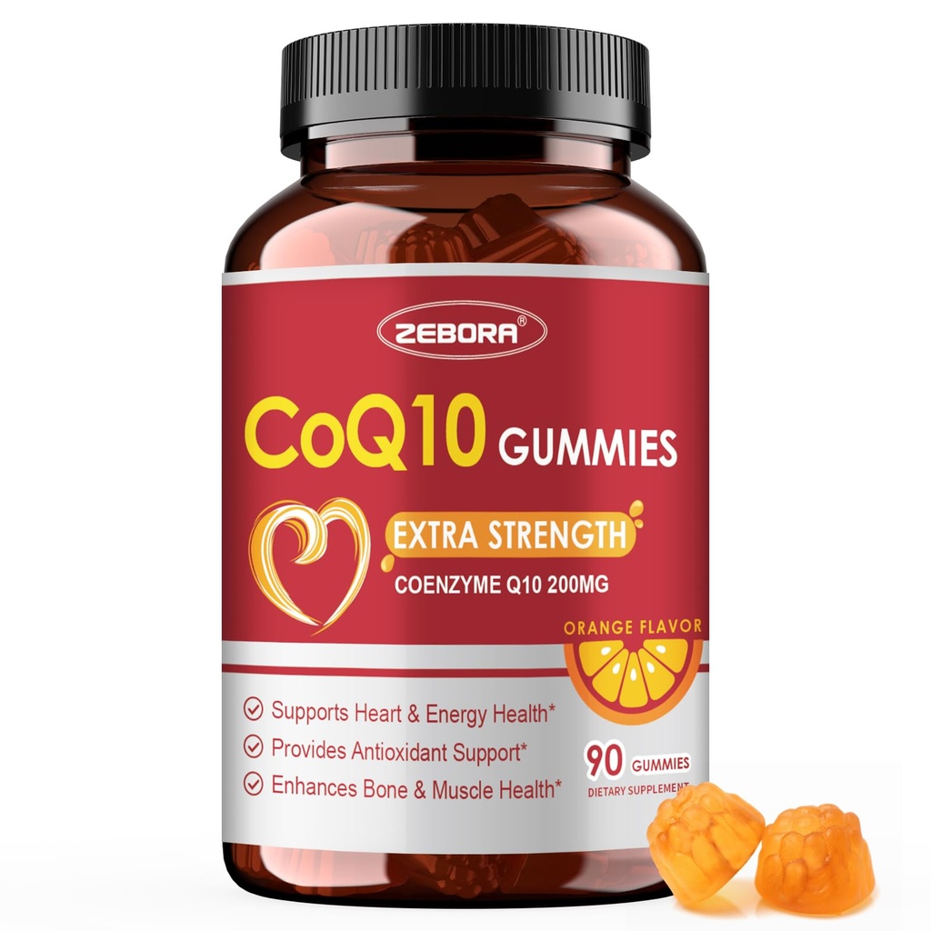 ZEBORA CoQ10 200mg Gummies, Υψηλής Απορρόφησης Συνένζυμο Q10 Συμπληρώματα με Ωμέγα-3, Καρδιά & Ενεργειακή Υποστήριξη, Ισχυρό Αντιοξειδωτικό, Πορτοκαλί Γεύση, 90 Gummies