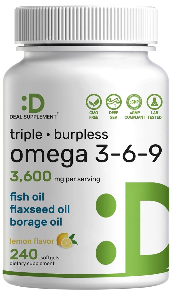 Triple Omega 3-6-9 Fish Oil Συμπληρώματα 3.600mg – 240 Softgels με Flaxseed Oil & Borage Oils Complex – High EPA + DHA – Χάπια Burpless, Lemon Flavored, Wild Caught – Heart, Joint, & Brain Support
