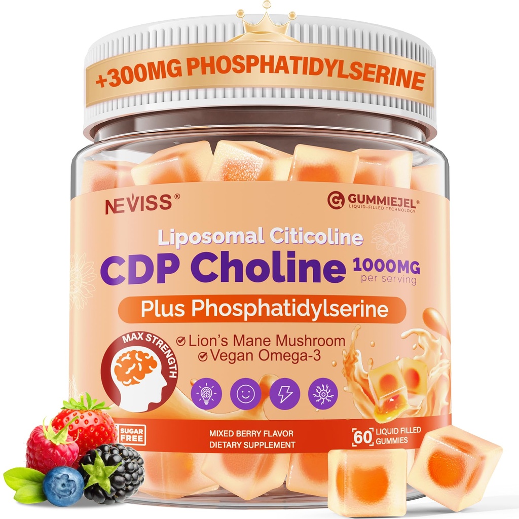 Citicoline 1000mg & Phosphatidylserine 300mg Συμπληρώματα CDP Choline Gummies, Συμπλήρωμα εγκεφάλου για τη μνήμη και εστίαση w/ Mane Mushroom Lion, Omega-3, Methylfolate, B6 & B12, Non-GMO, Sugar Free,60ct