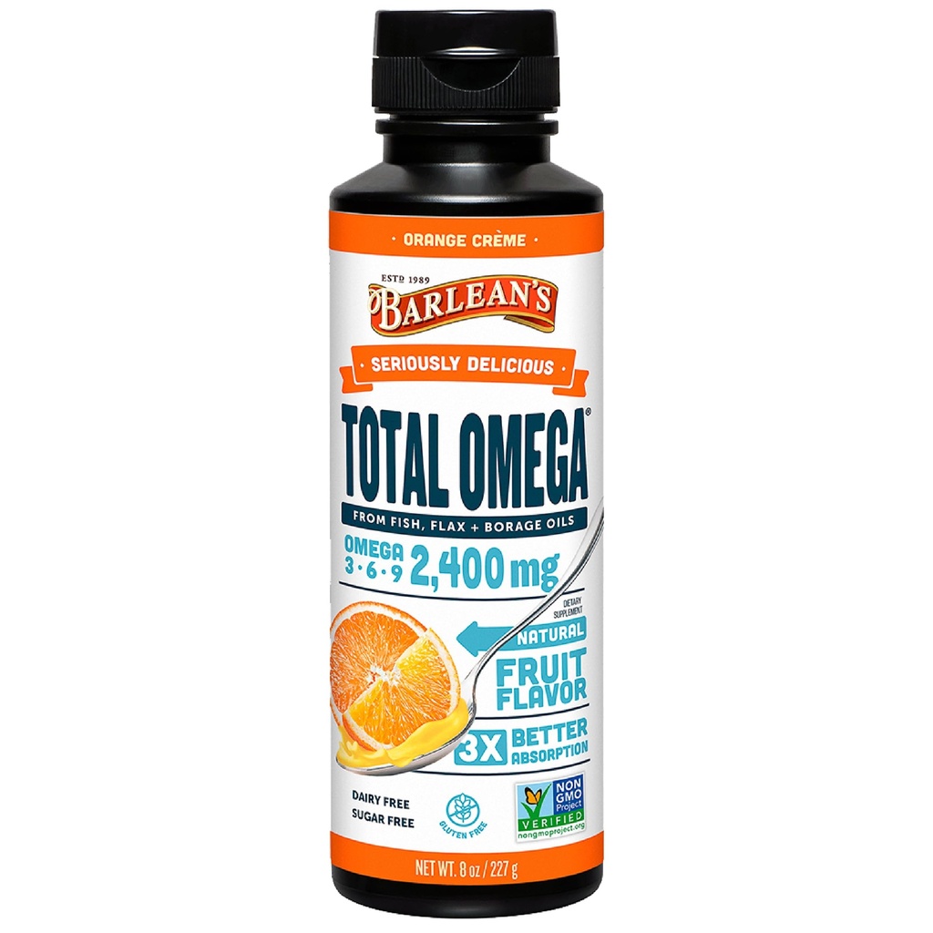 Barlean's Total Omega 3 6 9 Orange Crème Liquid Fish Oil Supplement with Borage and Flaxseed Oil, 2.400 mg Omegas EPA and DHA Plus GLA for Joint and Heart Health, 8 oz