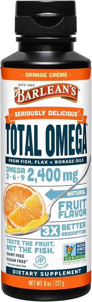 Barlean's Total Omega 3 6 9 Orange Crème Liquid Fish Oil Supplement with Borage and Flaxseed Oil, 2.400 mg Omegas EPA and DHA Plus GLA for Joint and Heart Health, 8 oz
