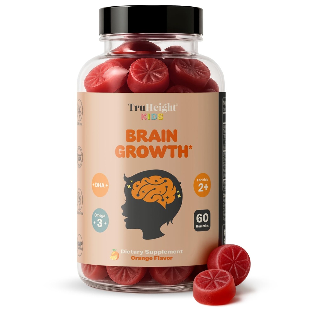 TruHeight Kids Brain Growth Gummies (Orange, Ηλικίες 2+) Όλα τα φυσικά παιδιά & έφηβοι Βιταμίνες - Ωμέγα 3 Gummies Υποστηρίζει την ανάπτυξη του εγκεφάλου, ψυχική σαφήνεια, εστίαση, υγεία ματιών, συμπληρώματα μνήμης, DHA πολυβιταμίνη