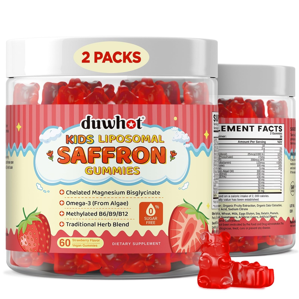 duwhot Liposomal Saffron Gummies for Kids 4+, Saffron Supplements w/Holy Basil, Rosemary, Magnesium Glycinate, Omega-3 & More, Brain Focus Support Supplement, Vegan, Organic, Sugar Free, 120 Chewables