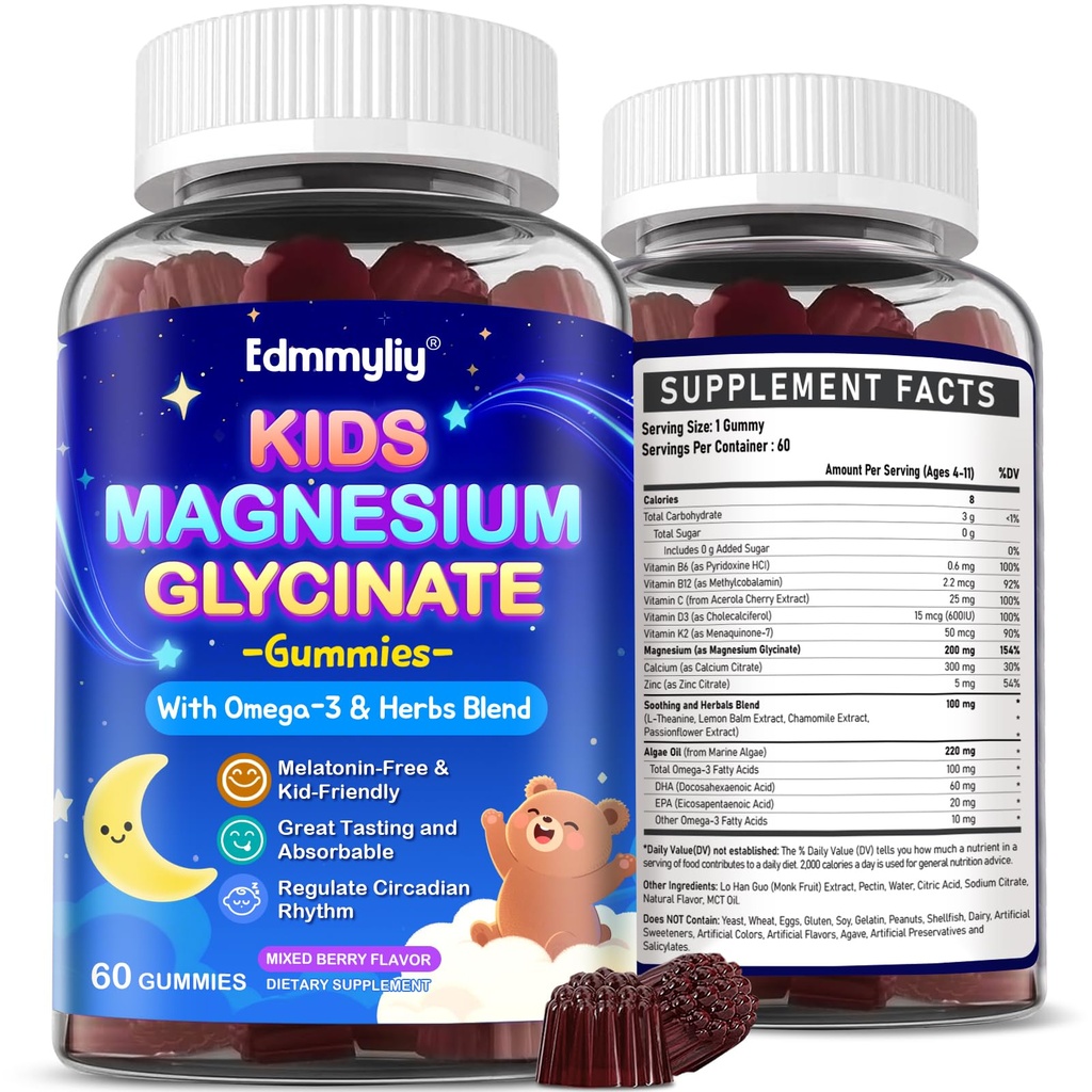 Παιδιά Μαγνήσιο Γλυκινικό Gummies - Μαγνήσιο Γλυκινικό συμπλήρωμα 200mg με L-θεανίνη Ωμέγα-3 Βιταμίνη Ασβέστιο D3 & B12 για παιδιά Φυσικό Zzz στο κρεβάτι & Γενική Υγεία - Ζάχαρη Χωρίς & Μη-ΓΤΟ