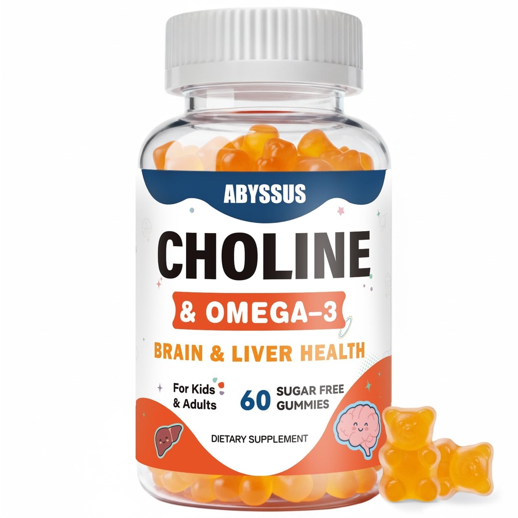ABYSSUS Choline Gummies για τα παιδιά και τους ενήλικες, χωρίς ζάχαρη Choline Bitartrate συμπληρώματα με Algal Omega-3 DHA EPA & Active B6 B12, Brain & Liver Support, Vegan, 60 Count