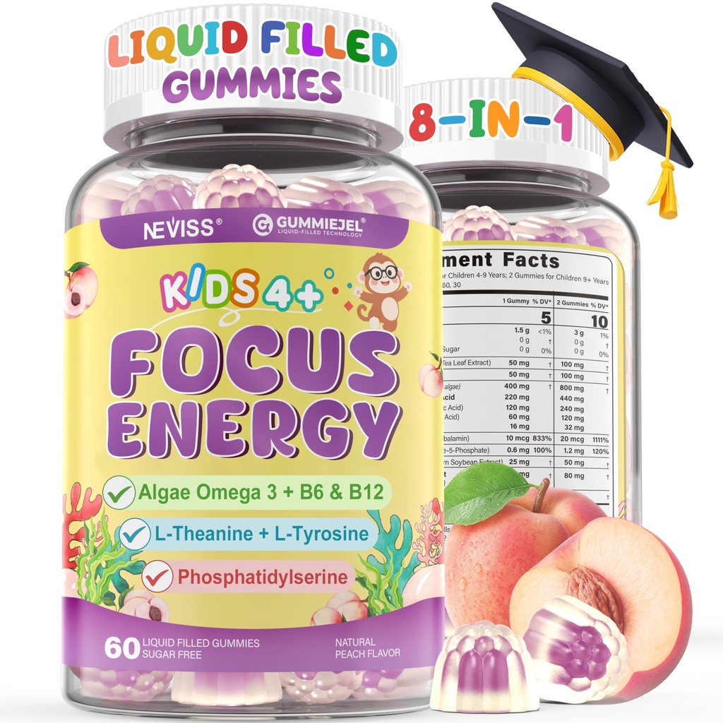 Παιδιά Focus Gummies - Συμπληρώματα εγκεφάλου με Vegan Omega 3 DHA, Phosphatidylserine, L-Θεανίνη, L-Τυροσίνη, μεθυλιωμένο B6 & B12 για παιδιά & έφηβους Υποστήριξη Προσοχή, Μνήμη, Nootropic, Ζάχαρη Δωρεάν 60cts