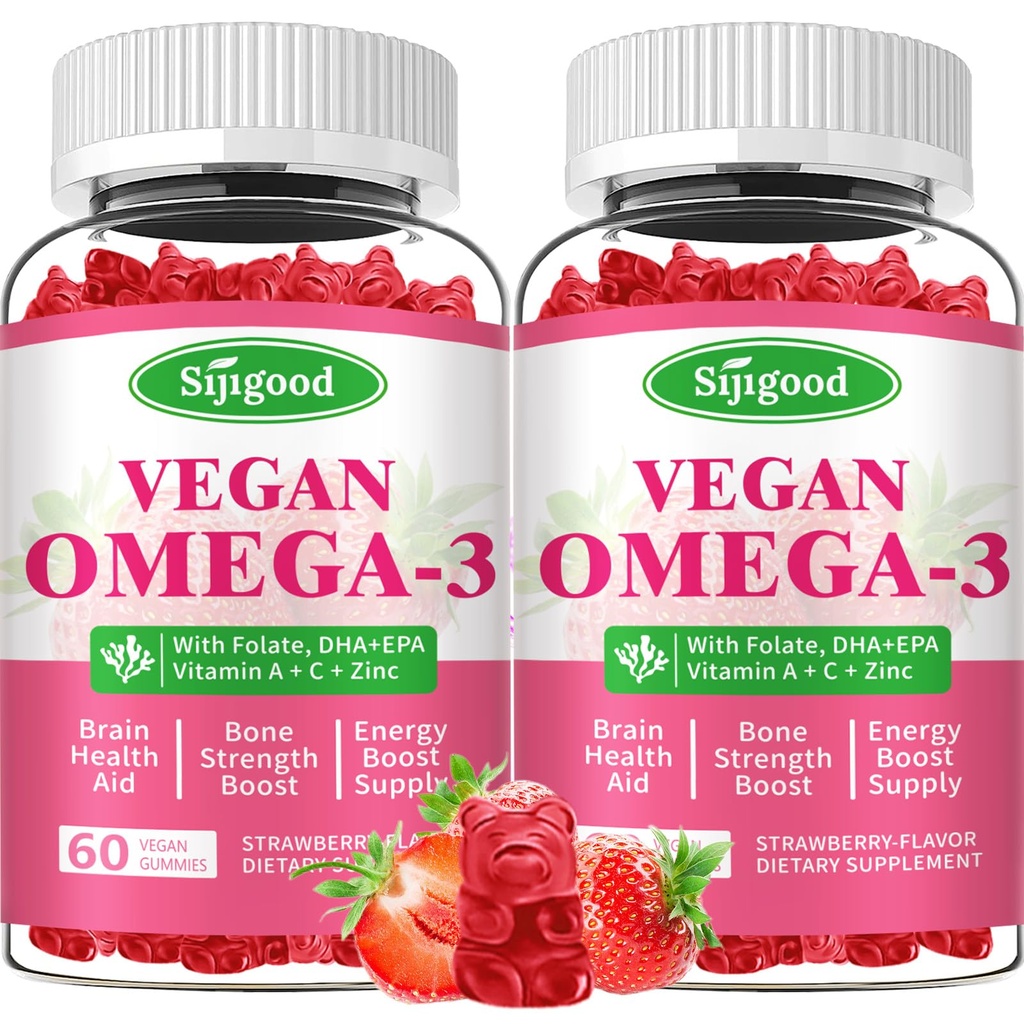 Ωμέγα-3 Gummies Poent Algae Omega Source, Boost Brain, Eye & Immune Function, with DHA and EPA Vegan & Sugar Free, Φράουλα Γεύση, 120 Count