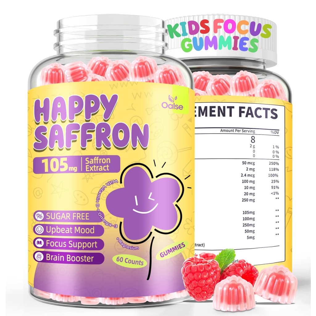 Saffron Gummies for Kids: Συμπλήρωμα εστίασης για παιδιά με εκχύλισμα σαφράν & ωμέγα-3 Κάλιο - Happy Mood - Vegan, Χωρίς ζάχαρη