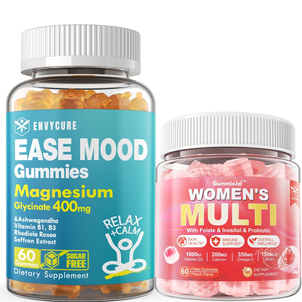 Χωρίς ζάχαρη Μαγνήσιο Γλυκινικό Gummies 400mg με Ashwagandha + Γυναίκες Πολυβιταμίνες Gummies w Ωμέγα-3, Ασβέστιο, Ένζυμα & Προβιοτικά