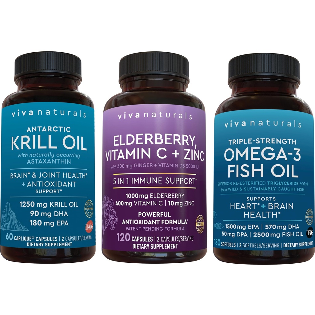 1250 mg Antarctic Krill Oil, Elderberry Vitamin C & Zinc and 2,500 mg Triple-Strength Omega 3 Fish Oil Bundle,Providing Omega 3 EPA and DHA, Elderberry for Immune Support