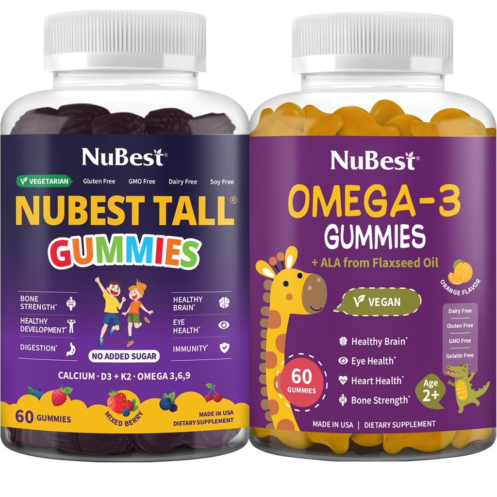 NuBest Bundle: Daily Gummies for Comprehensive Development, Brain Health, Eye Health Tall Gummies and Omega 3 Flaxseed Oil for Kids & Teens