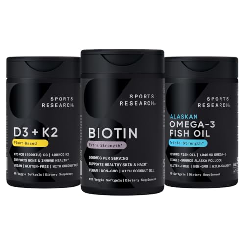 Sports Research® Healthy Hair Pack - Βιοτίνη 5.000mcg με οργανικό λάδι καρύδας + βιταμίνη Vegan D 5000iu & Mk7 Βιταμίνη K 100mcg + Ωμέγα-3 ιχθυέλαιο 1250