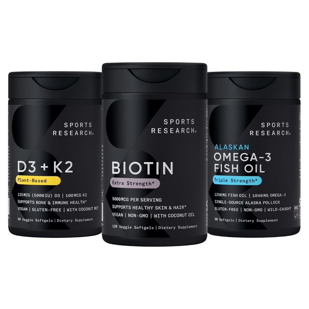 Sports Research® Healthy Hair Pack - Biotin 5,000mcg with Organic Coconut Oil + Vegan Vitamin D 5000iu & Mk7 Vitamin K 100mcg + Omega-3 Fish Oil 1250